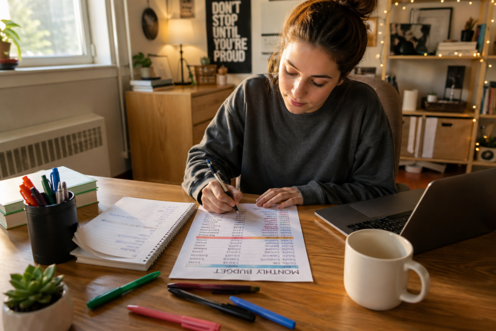 College student working on a college budgeting plan at a desk with a notebook and laptop