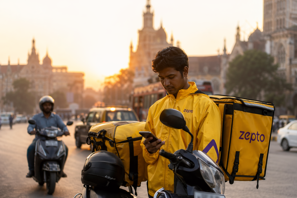 Zepto brand strategy visualized through delivery bag and smartphone on a vibrant Indian street background