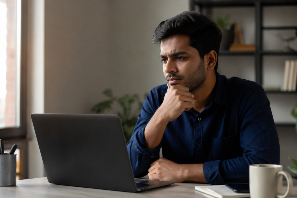 Young professional discovering the passive income reality while looking at earnings data on laptop