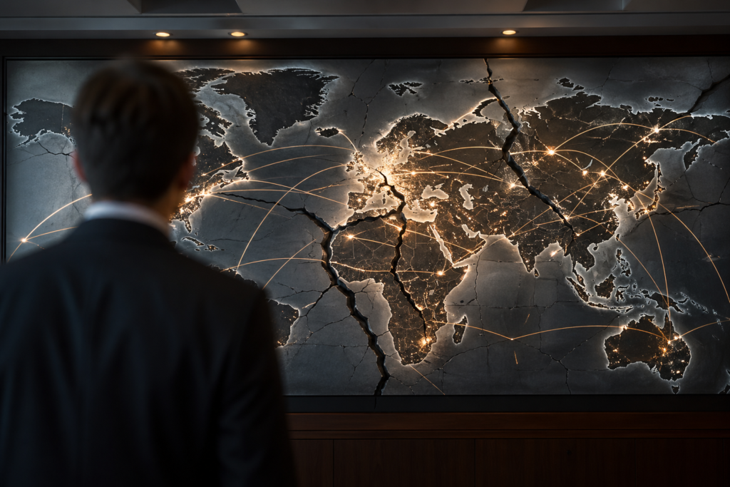 Visual representation of economic nationalism breaking apart global trade routes on a world map