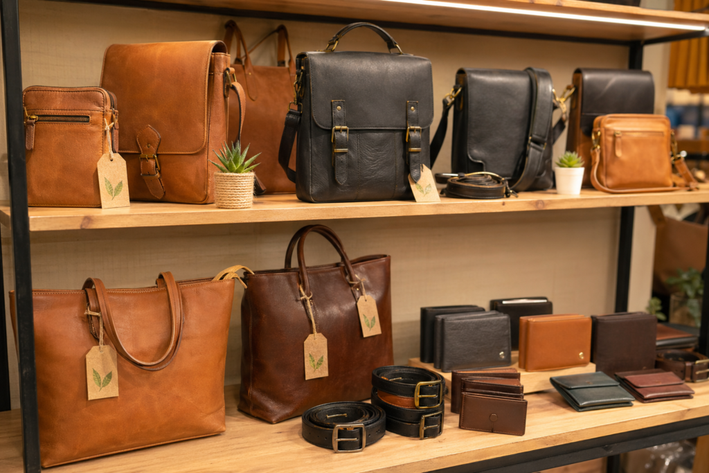 Vegan leather products displayed in an Indian fashion store showing sustainable leather alternatives