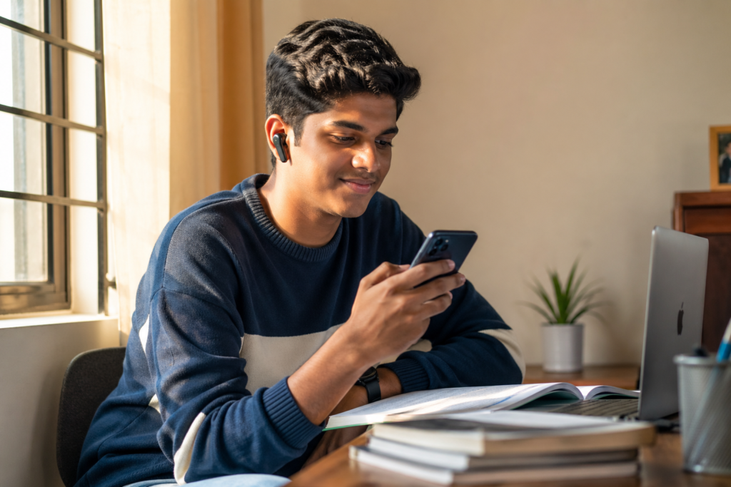 Young Indian student wearing boAt brand earphones - boAt brand popularity among youth on the rise