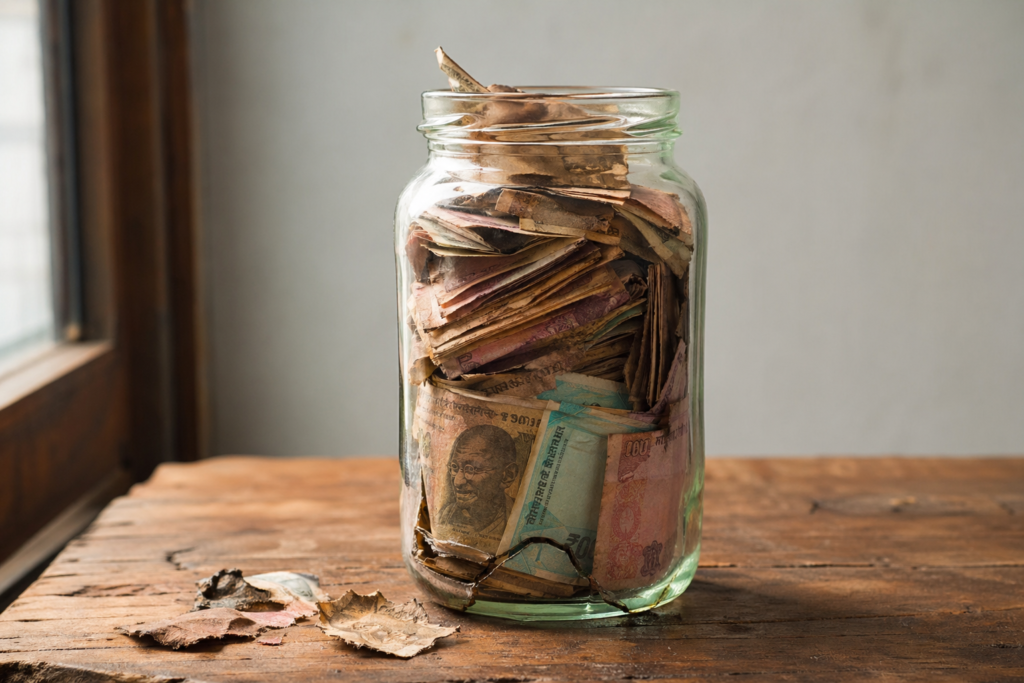 Jar of Indian rupees cracking to show how inflation eats your savings over time
