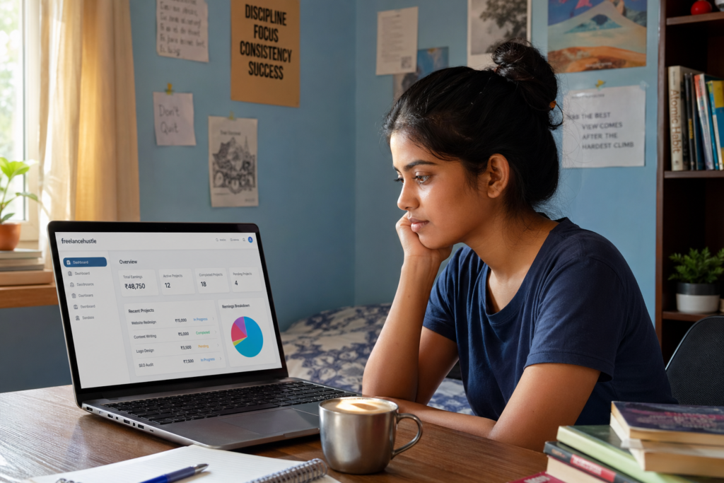 Indian student exploring online business ideas for students on a laptop