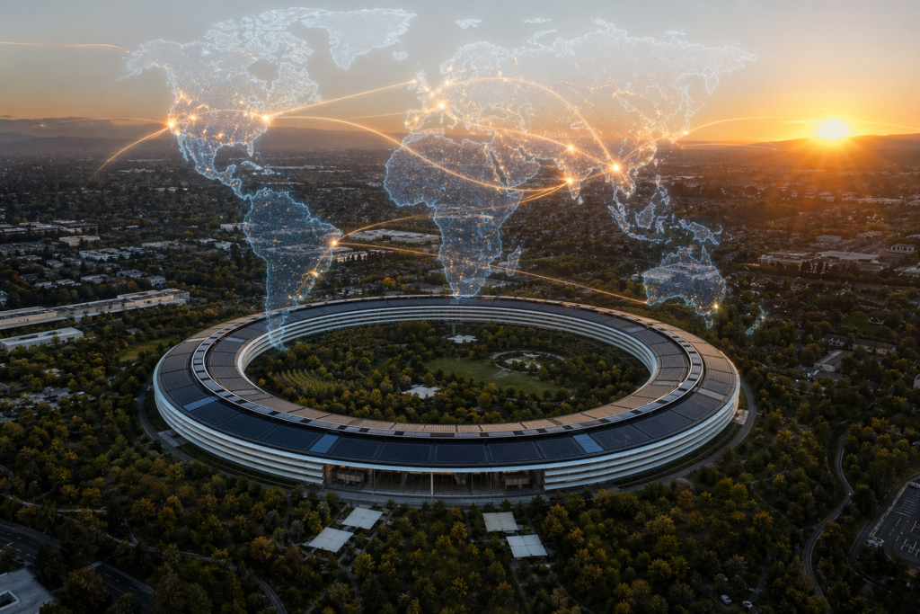 Apple geopolitics business strategy Apple Park headquarters with global trade routes