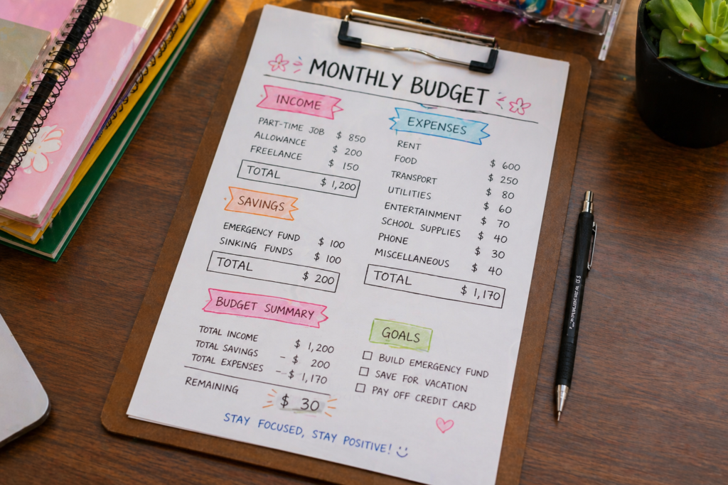 Handwritten college budgeting monthly expense chart on a clipboard