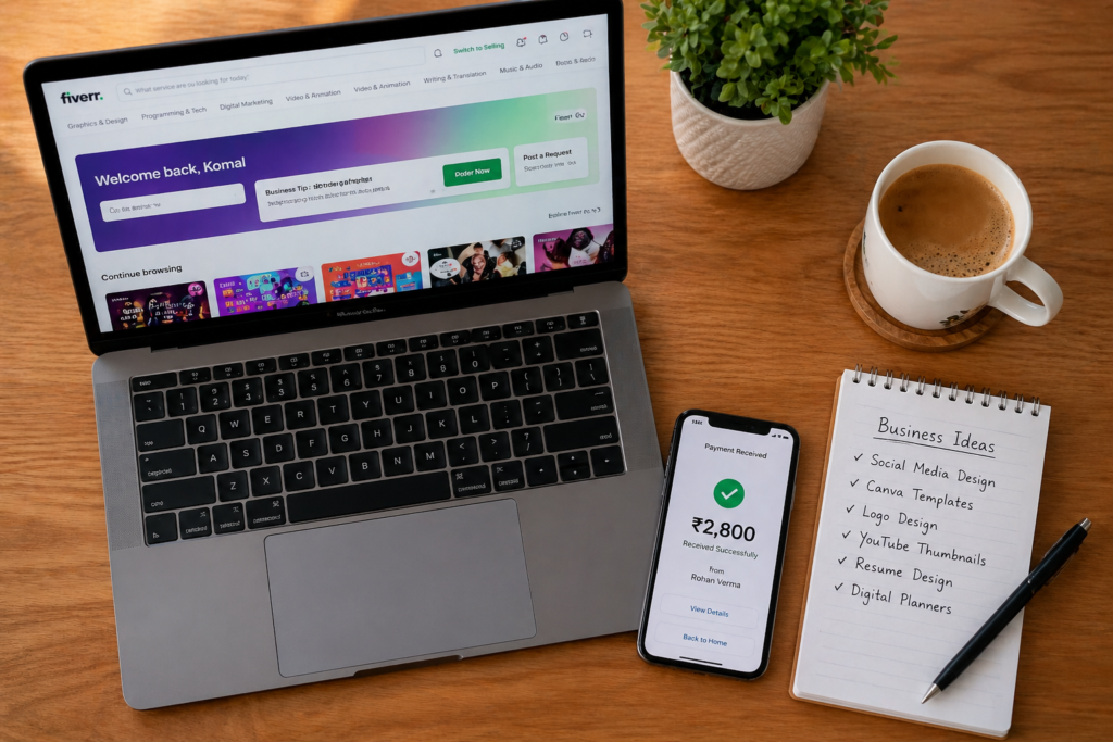 Laptop and tools used for online business ideas for students in India