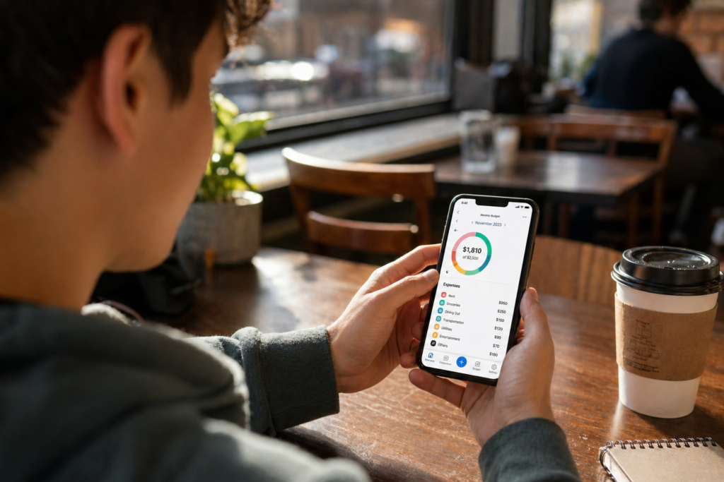College student using a budgeting app on phone as part of college budgeting routine