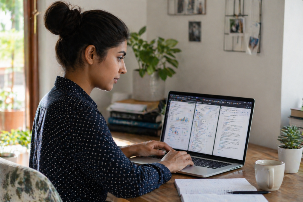 Woman managing multiple passive income reality streams on a laptop with analytics open