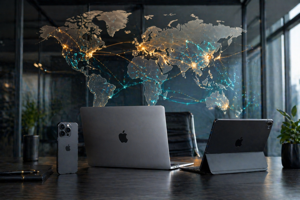 Apple geopolitics strategy — Apple MacBook, iPhone, and iPad arranged on an executive desk with world map in background