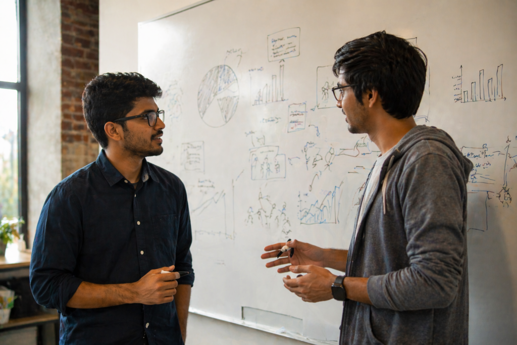 Young Indian startup founders planning Zepto brand strategy on a whiteboard in a modern coworking space