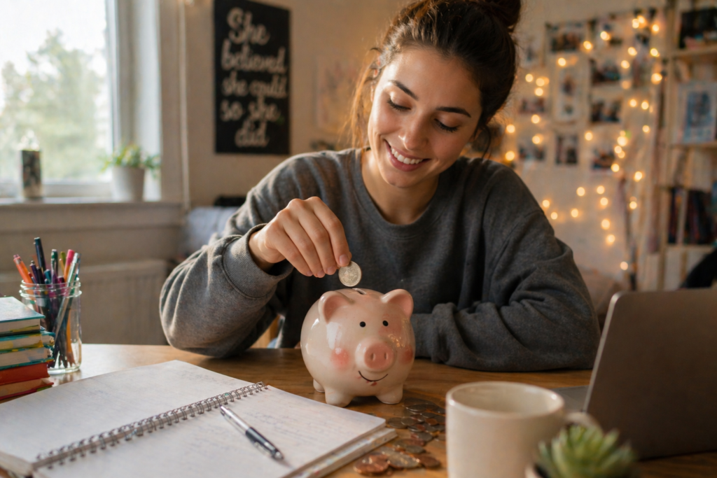 Happy college student saving money as part of a consistent college budgeting habit