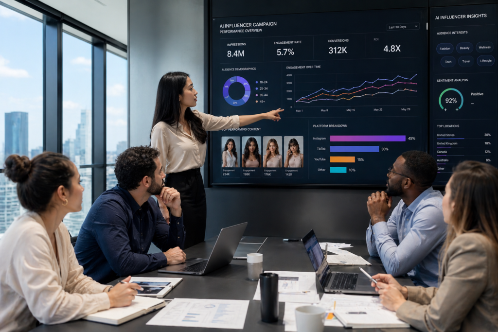 Marketing team planning AI influencers for brands campaign strategy