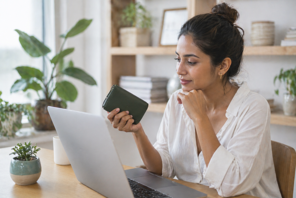 Indian woman researching and buying vegan leather in India products online from home