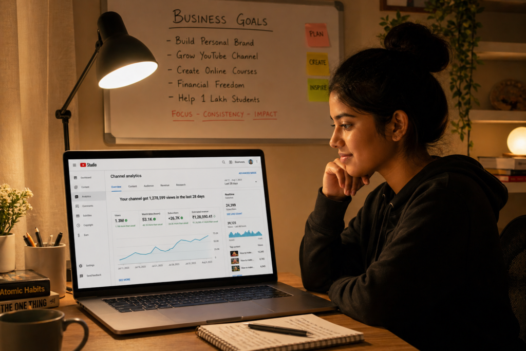 Indian female student managing her online business ideas for students at home