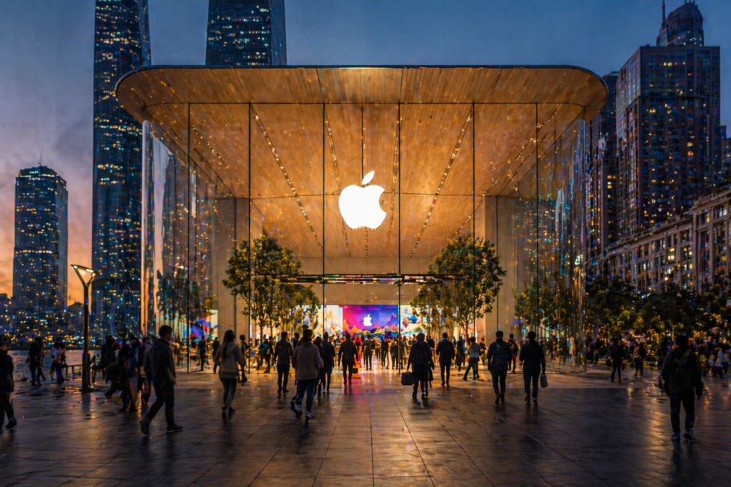 Apple geopolitics and global expansion — futuristic Apple retail store in a major global city at dusk