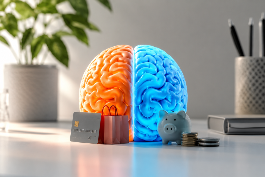 Visual showing spending vs saving psychology with a brain split between shopping and saving