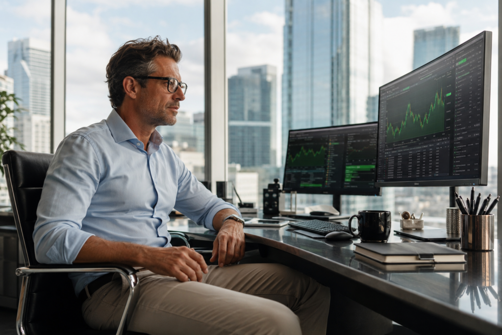 Successful investor using why billionaires borrow instead of selling stocks strategy in modern office