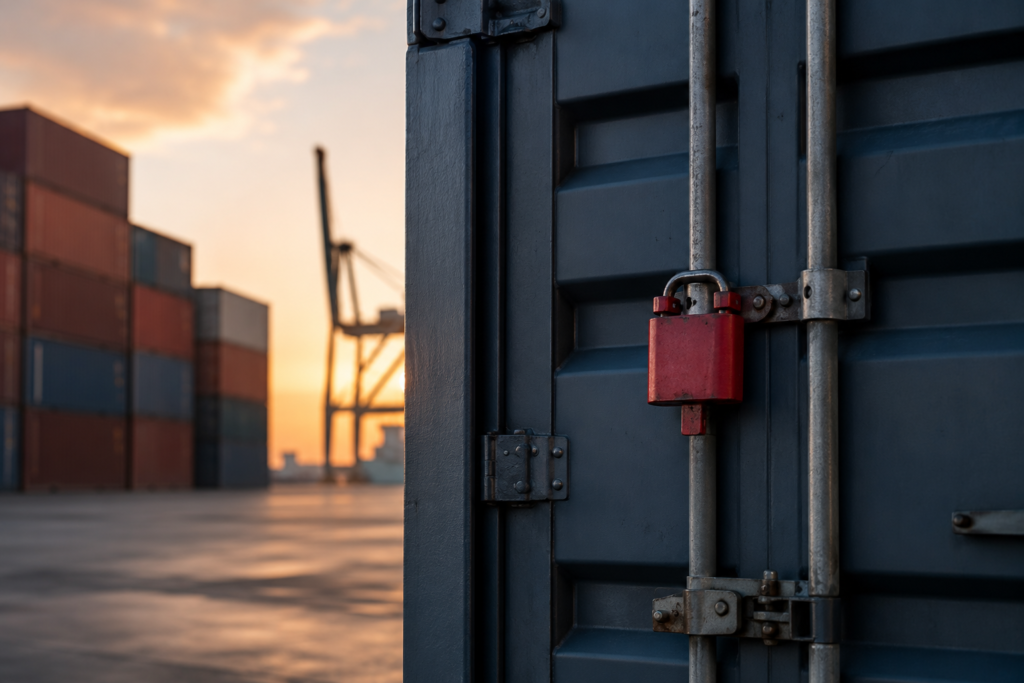 Red trade lock symbol representing economic sanctions explained on cargo container