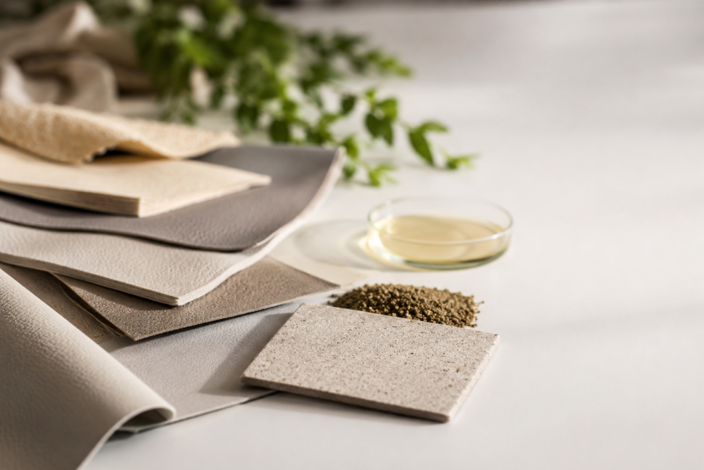 Variety of vegan leather sustainability materials and textures displayed on white surface showing different fabric options