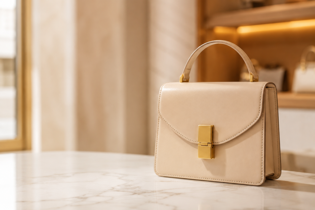 Premium luxury vegan fashion handbag showcasing high-quality vegan leather texture and craftsmanship in minimalist setting