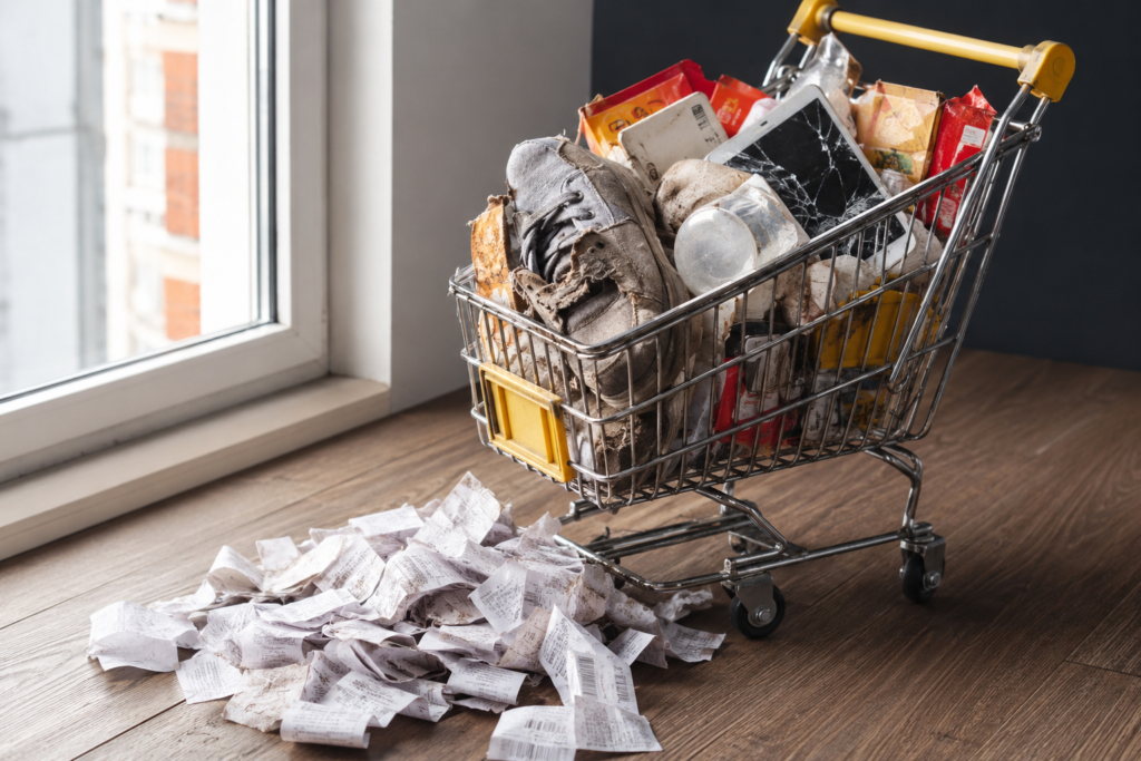 A shopping cart full of cheap products showing the hidden cost of cheap products through broken and worn-out items