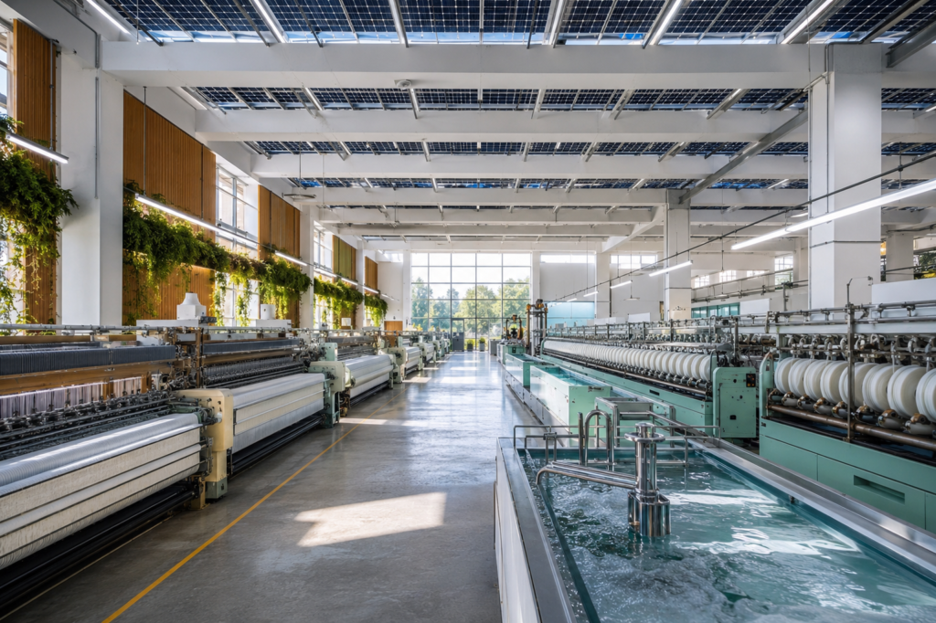Modern sustainable fashion manufacturing India facility showing advanced textile production technology and eco-friendly processes supporting ethical clothing manufacturing.