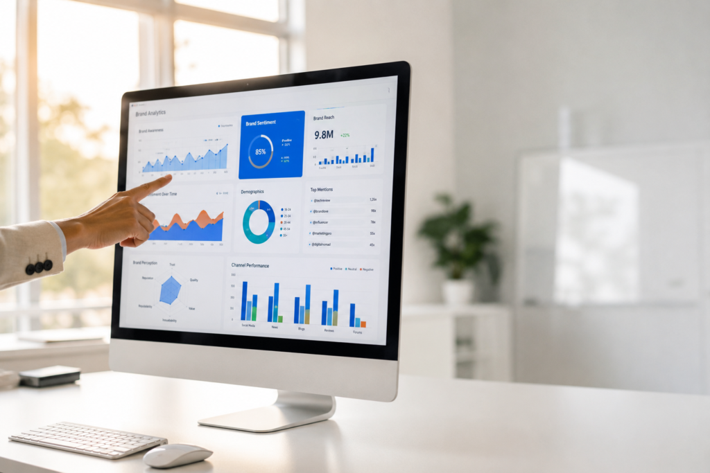 AI brand management strategy dashboard displaying real-time customer analytics and performance metrics on a modern computer screen in a professional office setting.