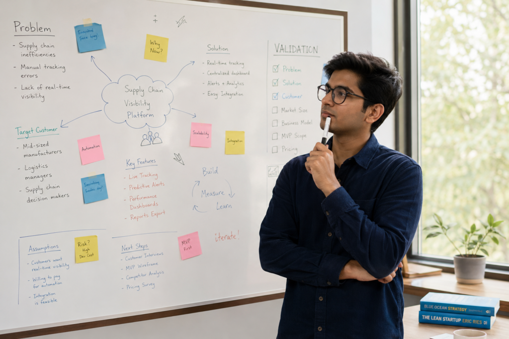 Young entrepreneur doing business idea validation with sticky notes on a whiteboard