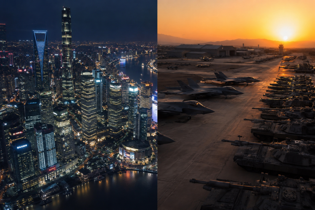 Economic power vs military power comparison showing financial district and military base side by side
