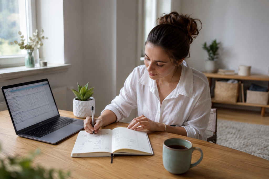 Young adult practicing money habits in your 20s by budgeting at a clean home desk