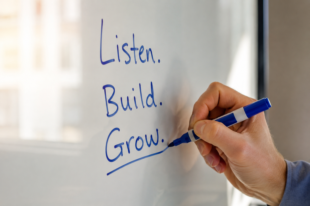 Community-driven brands using customer feedback to build better products illustrated on a whiteboard