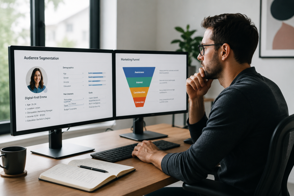 Entrepreneur studying audience data to understand niche market vs mass market targeting strategy