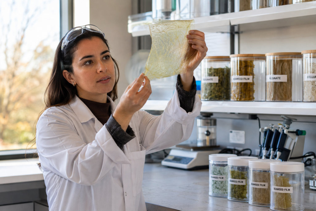Scientist examining a seaweed-based film, part of the growing field of plant-based materials innovation