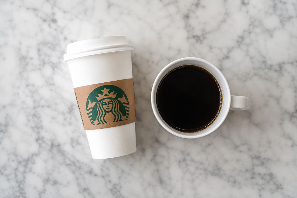 A Starbucks cup next to a generic coffee cup showing the brand value of the Starbucks third place strategy
