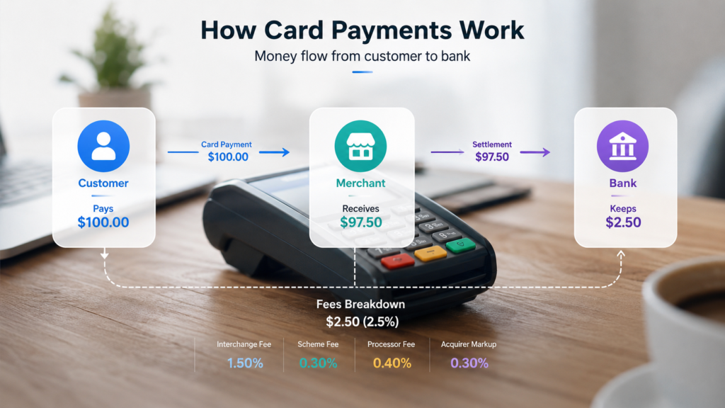 Diagram explaining how banks make money from credit cards via different channels