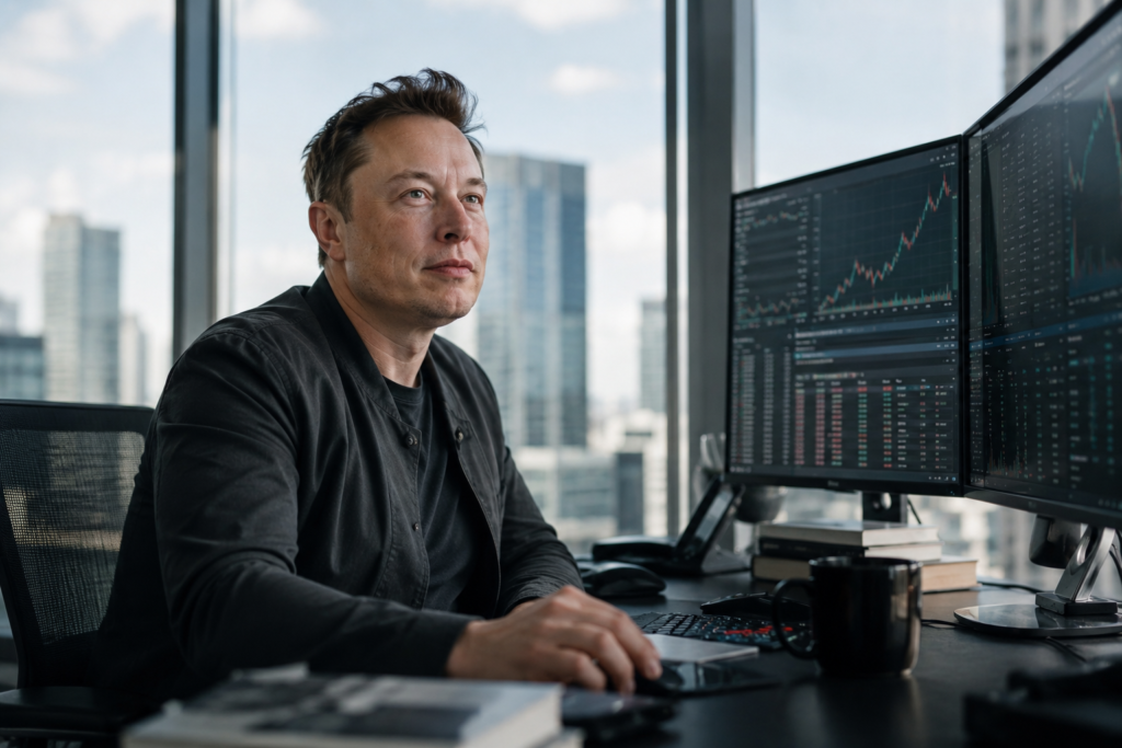 Tech billionaire demonstrating why billionaires borrow instead of selling stocks with Tesla like shares