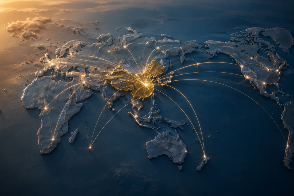 Global supply chain visualization highlighting China manufacturing power and international trade connections