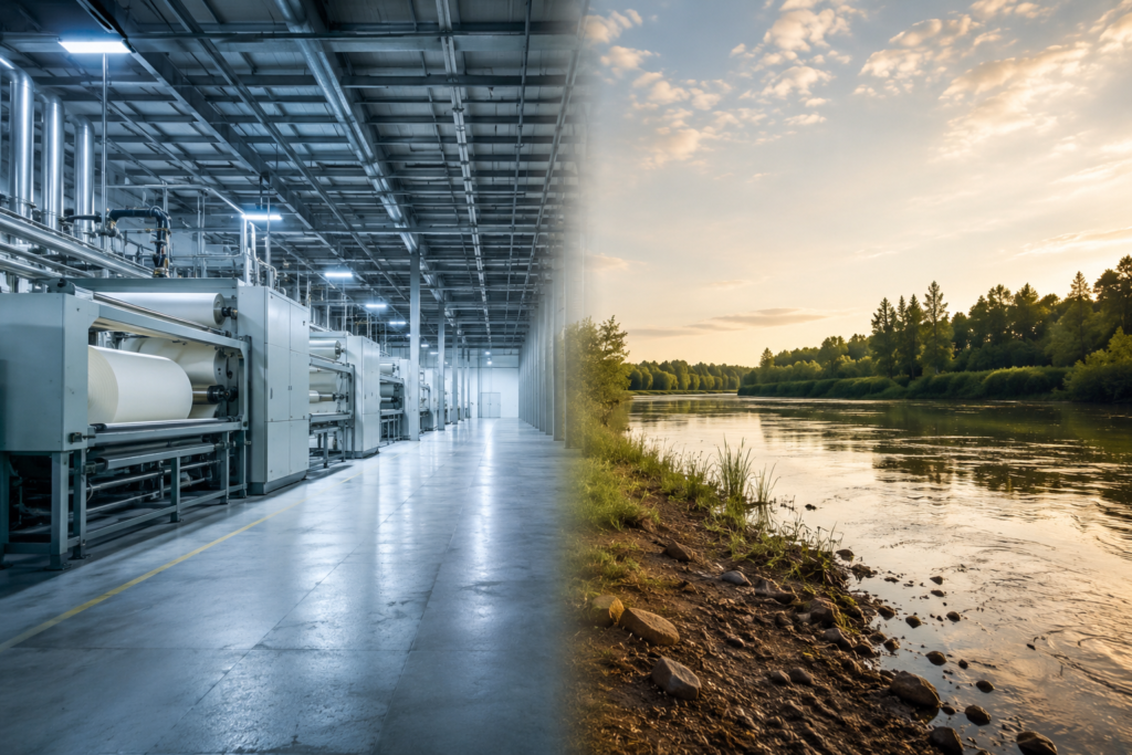 Split scene showing vegan leather sustainability production facility and natural environment illustrating manufacturing environmental impact