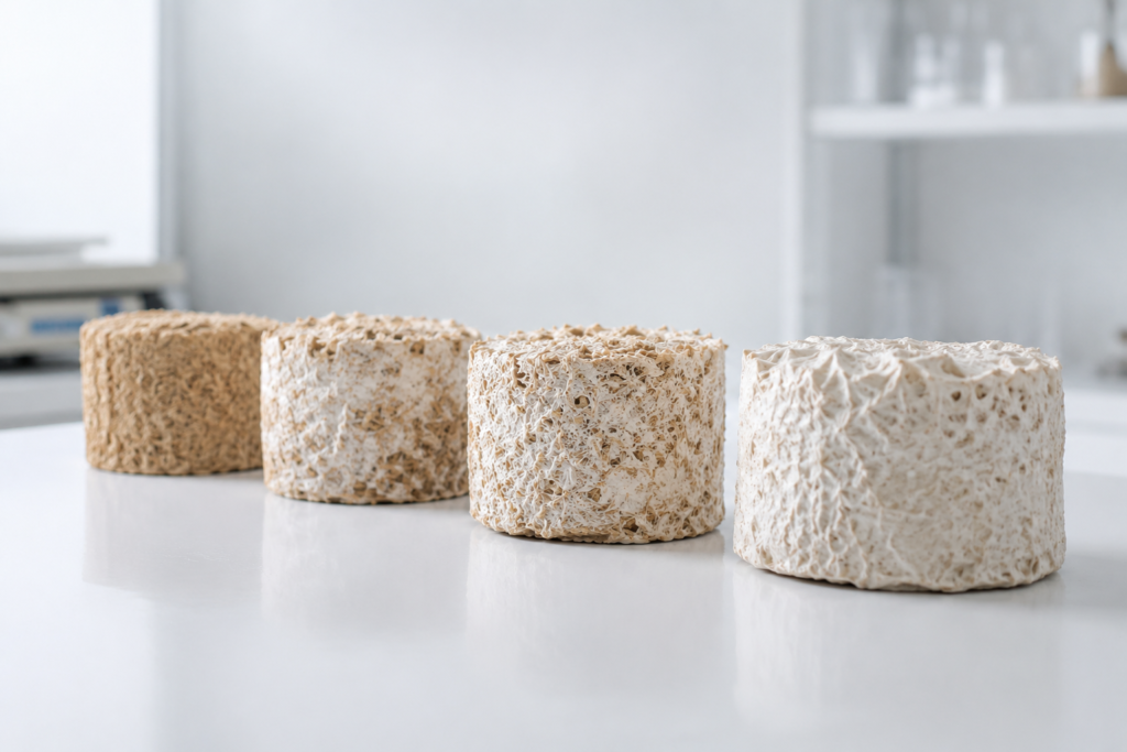 Sequential stages of mushroom leather production showing mycelium growth and development from substrate to finished material