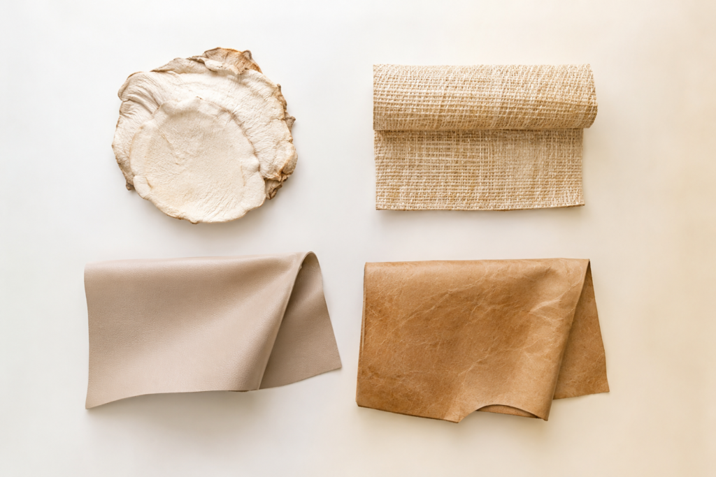 Luxury vegan fashion material innovations including mushroom leather and pineapple fiber alternatives for premium sustainable wear