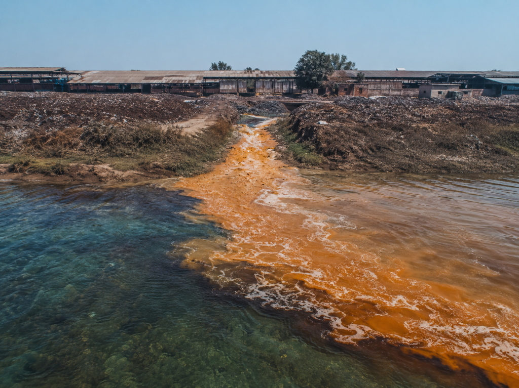 Contaminated water flowing from a leather tannery demonstrating the sustainable leather production impact on water pollution and environmental degradation in manufacturing regions.