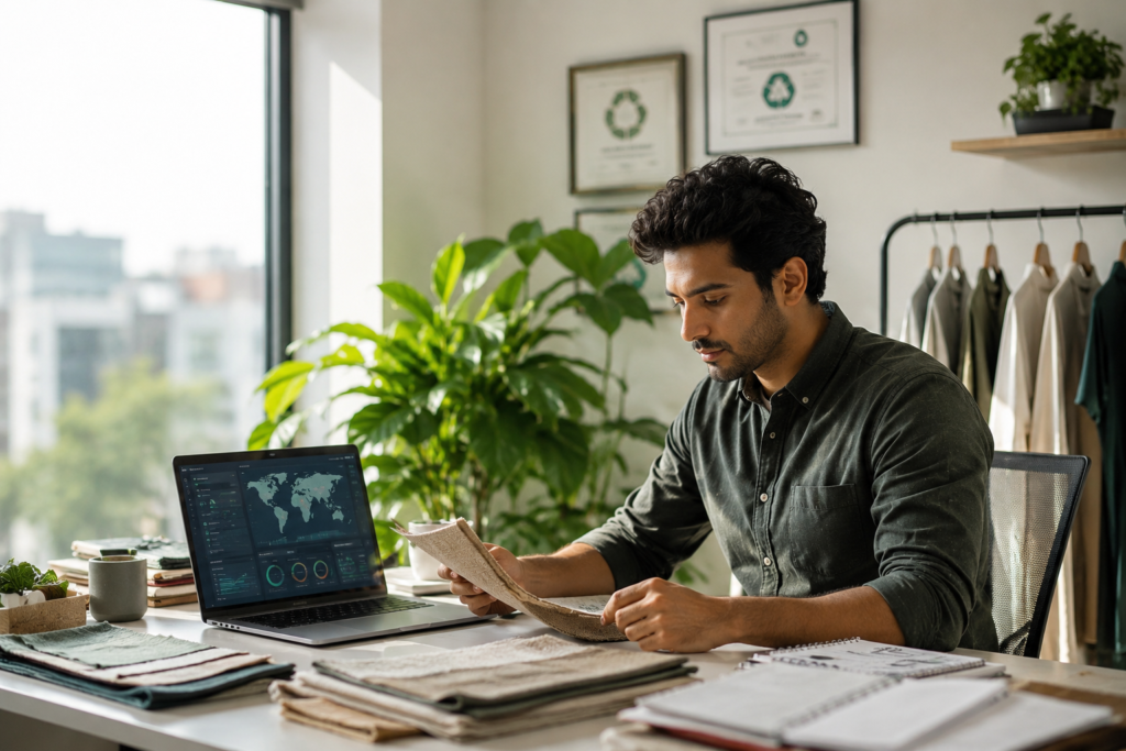 Sustainable fashion manufacturing India startup entrepreneur reviewing sustainable materials and supply chain tracking technology for ethical clothing production.