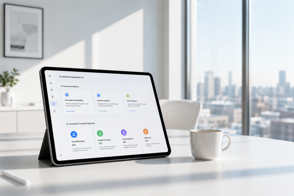 AI brand management personalization system showing customized customer segments and experience recommendations on tablet device at a modern workspace.