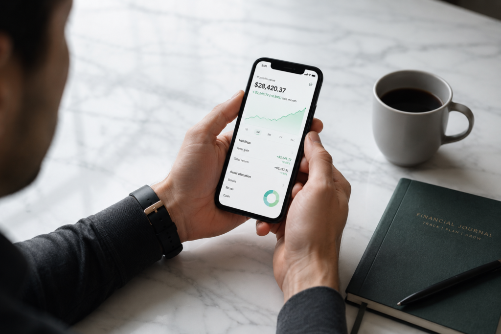 Young person using a phone app to build money habits in your 20s through early investing