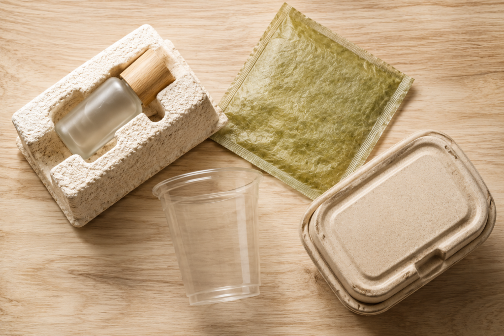 Eco-friendly packaging options showcasing plant-based materials innovation as alternatives to plastic and styrofoam