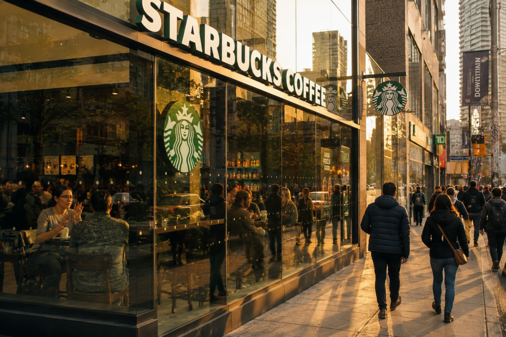 Starbucks storefront representing the Starbucks third place strategy in an urban city setting