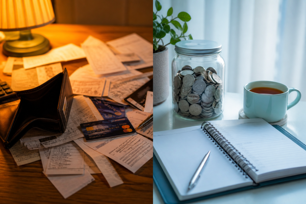 Side-by-side comparison illustrating spending vs saving psychology through two contrasting desk environments