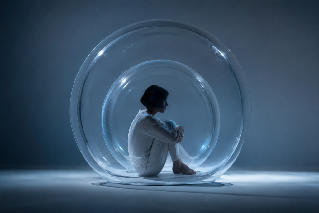 Concentric spheres around figure illustrating filter bubbles of digital influence and politics