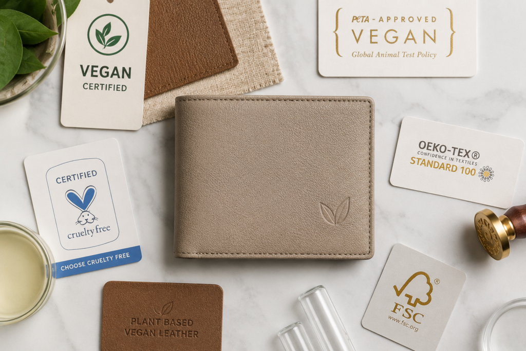 Premium sustainable vegan leather product with visible third-party certifications demonstrating vegan leather sustainability standards